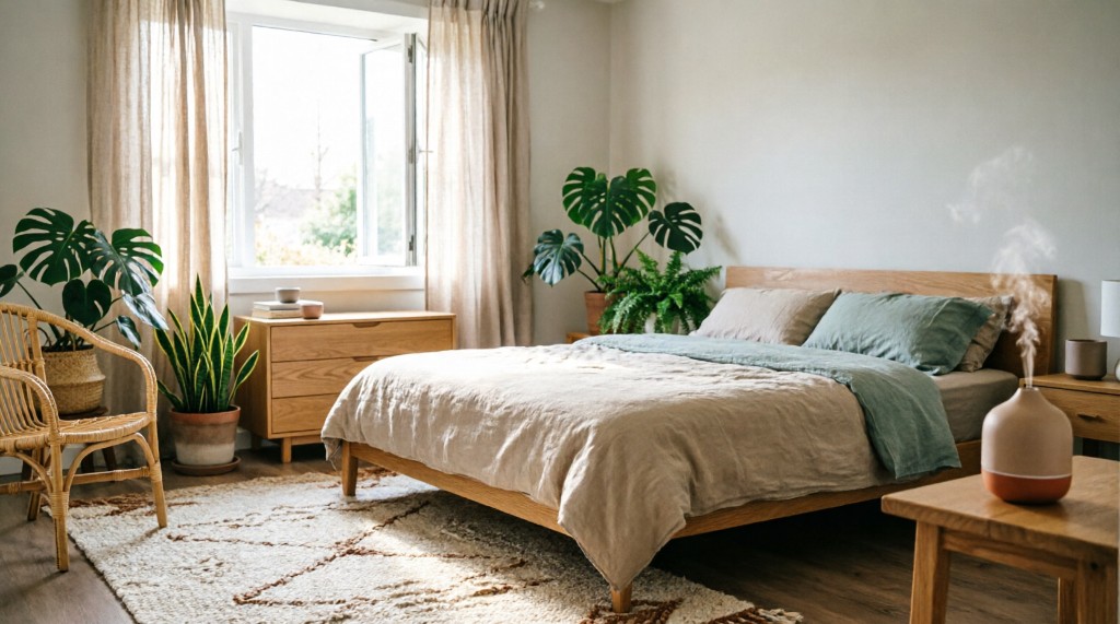 Habitación saludable con ventilación, textiles naturales y ambiente de descanso